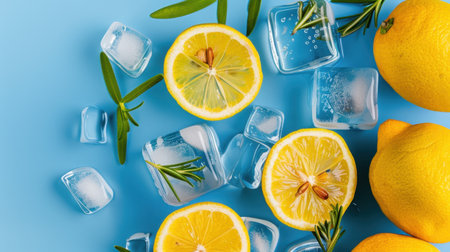 Vibrant composition of fresh lemon slices, ice cubes, and green herbs set against a blue background, perfect for colorful and refreshing beverage ideas.の素材