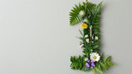 A stunning floral arrangement featuring greenery and wildflowers creatively shapes the number one against a soft grey background, showcasing natureの素材