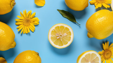This image features fresh lemons and bright yellow flowers arranged beautifully on a bright blue background, highlighting a vibrant and refreshing aesthetic perfect for culinary and lifestyle themes.の素材