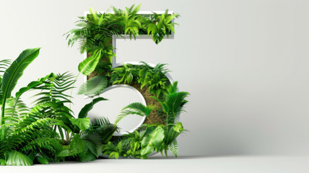 A striking visual of the number five adorned with vibrant green plants, symbolizing nature and sustainability. Perfect for eco-themed projects.の素材