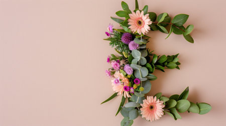 A creative floral arrangement featuring pink flowers and green foliage, styled to represent a currency symbol. Ideal for spring designs.の素材