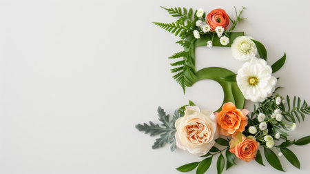 A beautiful floral arrangement showcasing the number five, adorned with vibrant flowers and lush greenery against a pristine white background, perfect for celebrations.の素材