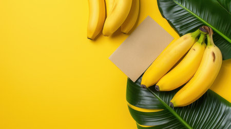 A vibrant and colorful arrangement of fresh bananas on green leaves with a blank card on a bright yellow background, perfect for creative themes.の素材