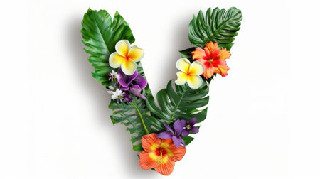 This artistic representation of the letter V is beautifully adorned with vibrant tropical flowers and lush green leaves, perfect for nature-themed projects.の素材