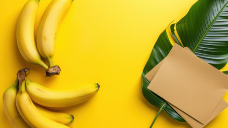 This vibrant image features fresh bananas arranged on a bright yellow background, complemented by a tropical leaf and blank cards, ideal for food and lifestyle themes.の素材