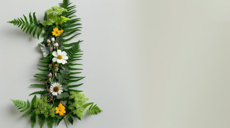 A beautiful arrangement of fresh greenery and colorful flowers, including daisies and yellow blooms, perfect for enhancing any decor with natural beauty.の素材