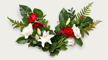 This beautiful floral arrangement features vibrant red roses and white lilies complemented by lush green foliage, perfect for any elegant occasion.の素材