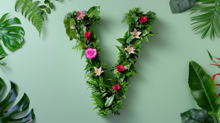 Beautiful arrangement of the letter V created with lush green leaves and vibrant flowers on a soft green backdrop, perfect for nature-themed designs and artistic projects.の素材
