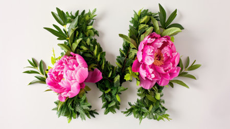Vibrant floral arrangement featuring pink peonies and lush green leaves, perfect for decoration, design, or creative projects, enhancing any space with beauty.の素材