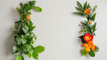 A captivating arrangement of vibrant flowers and lush greenery on a soft, neutral background, ideal for design, decoration, or nature-themed projects.の素材