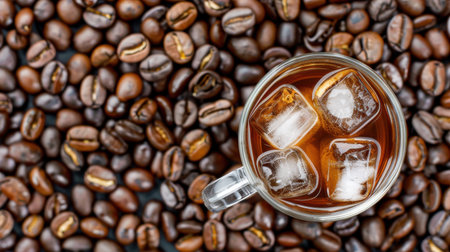 This image showcases a clear glass mug filled with chilled coffee and ice cubes, surrounded by roasted coffee beans. The contrasting colors and textures evoke the rich flavors and refreshing quality of this popular beverage, perfect for coffee lovers.の素材