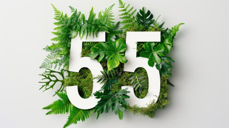 A vibrant arrangement featuring the number fifty-five surrounded by lush greenery, emphasizing themes of nature, growth, and eco-friendliness. Perfect for organic designs.の素材