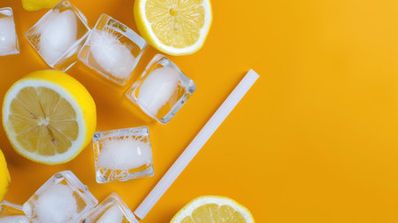 This vibrant image showcases fresh lemons paired with ice cubes and a straw against a bright yellow background, ideal for drink recipes and summer themes.の素材
