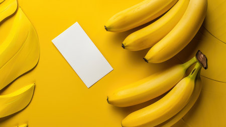 A visually striking arrangement of fresh yellow bananas and green leaves on a bright yellow background, accompanied by a blank card for customizable designs.の素材