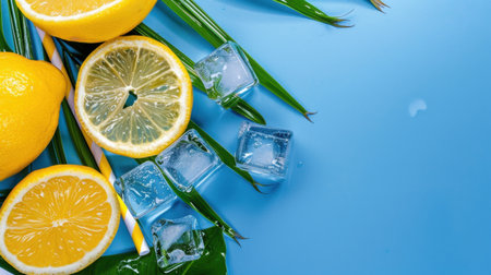 This vibrant image showcases fresh lemon slices, ice cubes, and green leaves arranged artistically on a blue surface, ideal for promotions or summer-themed content.の素材