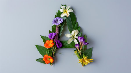 A captivating floral arrangement forming the letter A, crafted from colorful flowers and fresh greenery on a soft grey background, ideal for creative projects.の素材