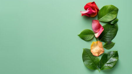 This elegant arrangement features colorful rose petals and lush green leaves on a soft mint background, perfect for adding a touch of beauty and freshness.の素材