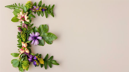 A stunning and artistic floral arrangement forming the letter E, composed of various fresh flowers and vibrant greenery set on a neutral background.の素材