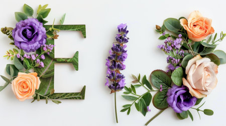 A stunning floral arrangement featuring initials surrounded by vibrant flowers and lush greenery. Perfect for designs symbolizing beauty and elegance.の素材