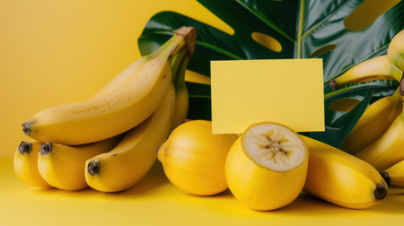 This vibrant image showcases fresh bananas arranged with a blank yellow card on a bright background, perfect for advertising, nutrition, or design projects.の素材