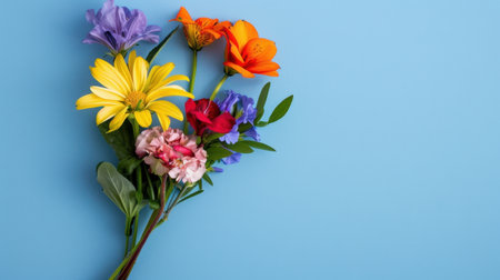A vibrant bouquet featuring a variety of fresh flowers arranged beautifully against a soft blue background, perfect for decorative and design use.の素材