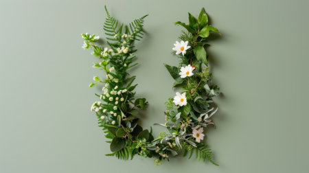 This beautiful arrangement features various greenery and white flowers artfully shaped into a letter on a soft green background, ideal for decor.の素材