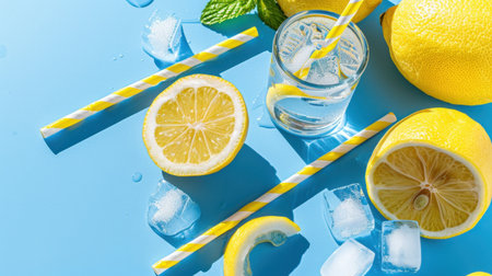This vibrant image showcases a refreshing lemonade setup with fresh lemons, ice cubes, and mint leaves against a bright blue background, perfect for summer.の素材