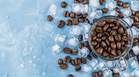 A vibrant composition featuring fresh coffee beans in a glass cup surrounded by ice cubes on a light blue background, ideal for beverage concepts.の素材