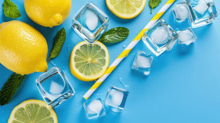 This vibrant image showcases fresh lemons, ice cubes, and mint leaves, arranged artfully with a striped straw on a bright blue background, perfect for a refreshing beverage.の素材