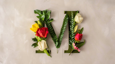 This stunning arrangement features the letter M created with vivid flowers and lush green leaves, perfect for personalizing any space or event.の素材