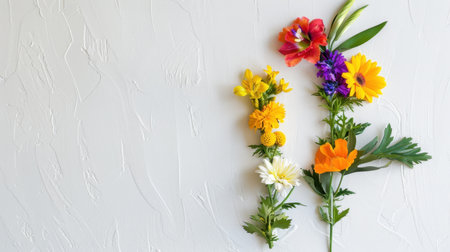 A creative arrangement of bright and colorful fresh flowers set against a soft textured background, perfect for nature-inspired designs and home decor.の素材