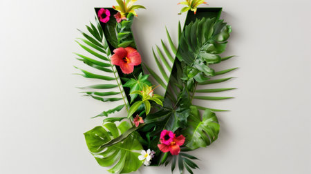 Artistic representation of the letter V adorned with vibrant flowers and lush green leaves, perfect for spring and summer themes in design projects.の素材
