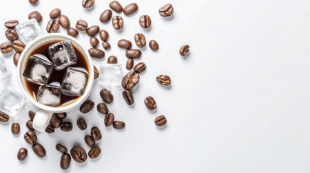 Refreshing iced coffee served in a white cup, surrounded by coffee beans and ice cubes on a clean white background, perfect for summer days.の素材