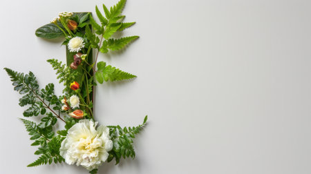 A beautiful floral arrangement featuring a white peony, assorted leaves, and colorful blooms against a minimalist background, evoking natural beauty and elegance.の素材