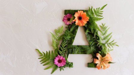 This beautifully arranged letter A features colorful flowers and lush green ferns, perfect for spring decor or personalized gifts. Bring nature indoors!の素材