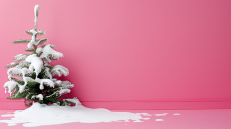A Christmas tree adorned with snow sits elegantly against a vibrant pink wall, creating a warm and festive atmosphere perfect for seasonal celebrations.の素材