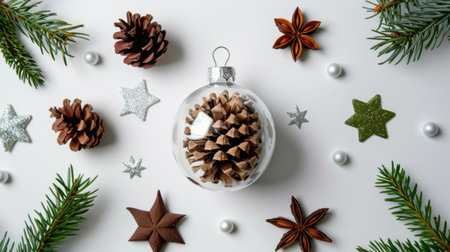 A beautifully arranged Christmas ornament featuring pine cones surrounded by festive greenery and decorative elements. Perfect for holiday themes.の素材