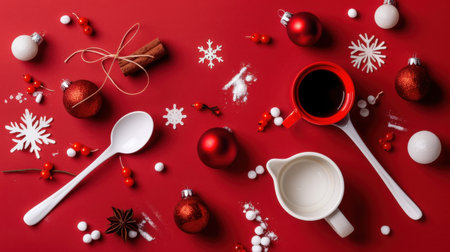 This image showcases a vibrant, festive table arrangement featuring coffee, red ornaments, and winter decorations on a sleek red background, perfect for holiday themes.の素材