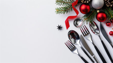 This elegant table setting features shiny cutlery and festive Christmas decorations, perfect for holiday celebrations and family gatherings. Enjoy the warmth!の素材