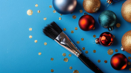A vibrant blue backdrop features a brush alongside shiny, colorful ornaments and gold glitter. Ideal for holiday-themed creative projects, celebrations, and seasonal designs.の素材