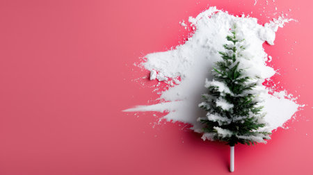 A charming depiction of a snow-covered Christmas tree on a vibrant pink background, evoking a joyful winter vibe. Perfect for holiday-themed projects.の素材