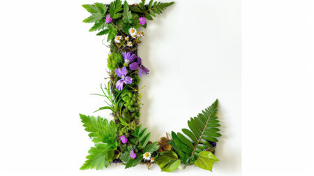 This captivating letter L crafted from natural leaves and flowers creates a fresh and vibrant visual. It is perfect for creative projects and eco-friendly designs.の素材