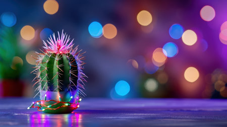 A striking cactus decorated with bright lights sits against a softly blurred bokeh background, creating a unique and festive ambiance perfect for celebrations.の素材