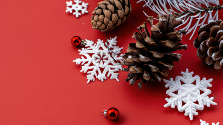 A vibrant red background features an aesthetic composition of pine cones, white snowflakes, and shiny red ornaments, embodying the spirit of Christmas.の素材