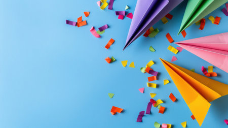 This image features colorful paper airplanes scattered with vibrant confetti on a blue background, perfect for children's parties, creative activities, or playful designs.の素材