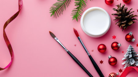 This vibrant flat lay arrangement features festive elements like art brushes, white cream, ornaments, and pine cones, perfect for holiday creativity inspiration.の素材