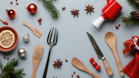 A vibrant arrangement of festive cooking utensils and holiday decorations, featuring pine branches, ornaments, and a slice of lemon, perfect for seasonal activities.の素材
