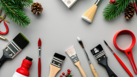 Vibrant arrangement featuring various paint brushes and holiday decorations on a neutral backdrop, ideal for creative projects and seasonal themes.の素材