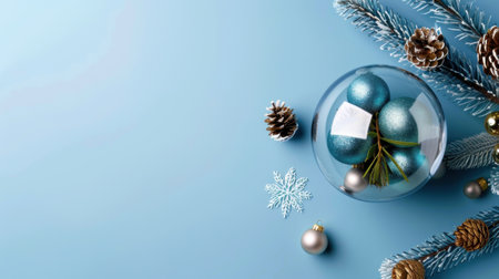 A beautiful holiday arrangement featuring blue ornaments, pinecones, and frosted pine placed on a light blue background, creating a serene festive atmosphere.の素材