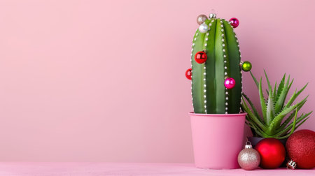 A stunning display featuring a cactus adorned with colorful Christmas ornaments, set against a soft pink background, perfect for festive decorations.の素材